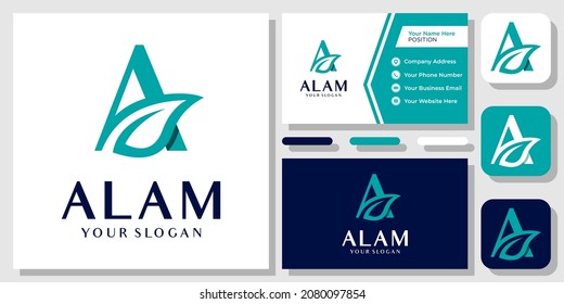 Initial Letter A Leaf Nature Beauty Green Natural Floral Plant Logo Design with Business Card Template