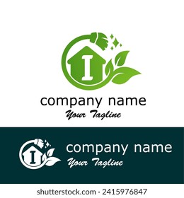 Initial I Letter with leaves and broom for  home maintenance, home care, or cleaning service modern logo idea