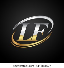 initial letter LF logotype company name colored gold and silver swoosh design. isolated on black background.