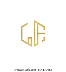Initial letter LF, minimalist line art hexagon shape logo, gold color