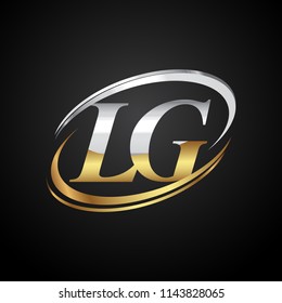 initial letter LG logotype company name colored gold and silver swoosh design. isolated on black background.