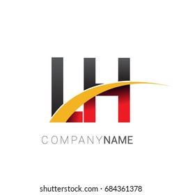 initial letter LH logotype company name colored red, black and yellow swoosh design. isolated on white background.
