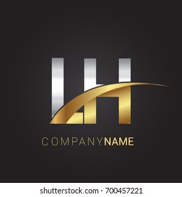 initial letter LH logotype company name colored gold and silver swoosh design. isolated on black background.