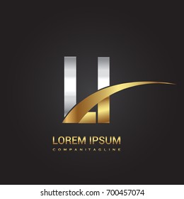 initial letter LI logotype company name colored gold and silver swoosh design. isolated on black background.