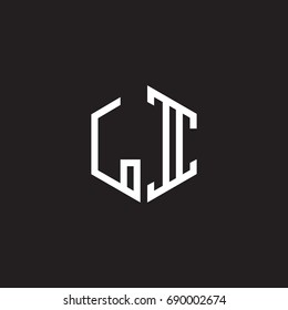 Initial letter LI, minimalist line art monogram hexagon shape logo, white color on black background