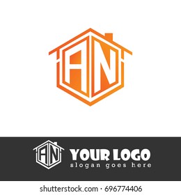 Initial Letter AN Linked Logo, House of Hexagonal Shape with Orange