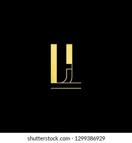 Initial letter LJ JL minimal monogram art logo, gold color on black background.