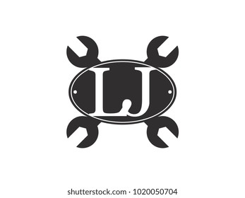 Initial letter LJ logo automotive club with crossed wrench black