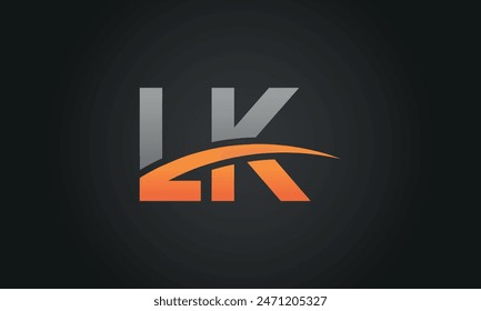 Letra inicial LK Logo Design con Swoosh. Diseño creativo y moderno del logotipo de LK sobre fondo negro.