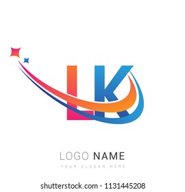 initial letter LK logotype company name colored orange, red and blue swoosh star design. vector logo for business and company identity.