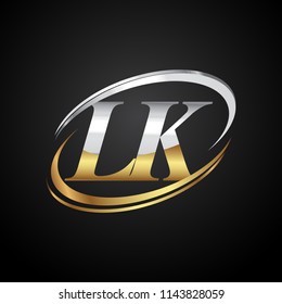 initial letter LK logotype company name colored gold and silver swoosh design. isolated on black background.