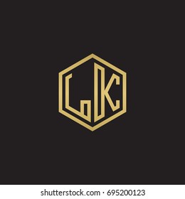 Initial letter LK, minimalist line art hexagon logo, gold color on black background