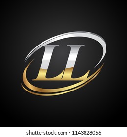 initial letter LL logotype company name colored gold and silver swoosh design. isolated on black background.