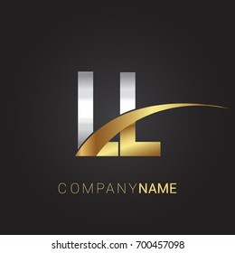 initial letter LL logotype company name colored gold and silver swoosh design. isolated on black background.