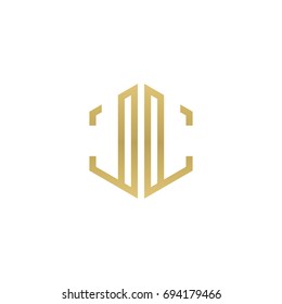 Initial letter LL mirror, minimalist line art hexagon shape logo, gold color