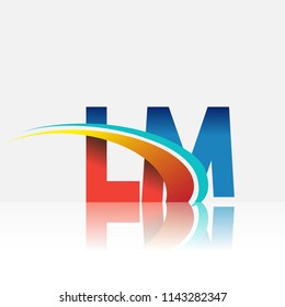 initial letter LM logotype company name colored red and blue and swoosh design. vector logo for business and company identity.
