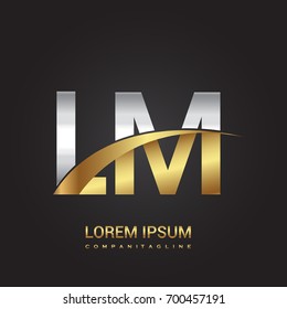 initial letter LM logotype company name colored gold and silver swoosh design. isolated on black background.