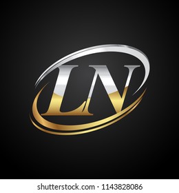 initial letter LN logotype company name colored gold and silver swoosh design. isolated on black background.