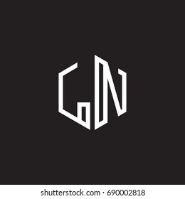 Initial letter LN, minimalist line art monogram hexagon shape logo, white color on black background