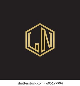 Initial letter LN, minimalist line art hexagon logo, gold color on black background