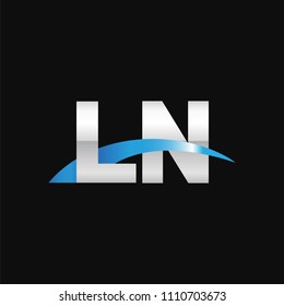 Initial letter LN, overlapping movement swoosh logo, metal silver blue color on black background