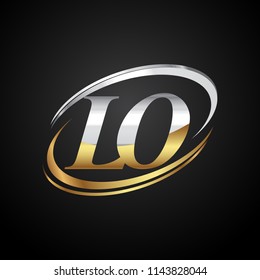initial letter LO logotype company name colored gold and silver swoosh design. isolated on black background.