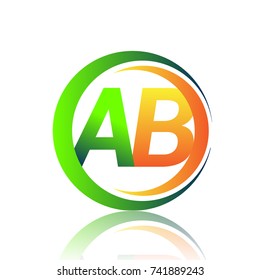 initial letter logo AB company name green and orange color on circle and swoosh design. vector logotype for business and company identity.