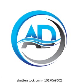 initial letter logo AD company name blue and grey color on circle and swoosh design. vector logotype for business and company identity.

