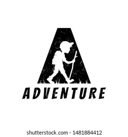 Initial letter A logo for adventure, rustic grunge expedition flat style, people hiking logo vector illustration 