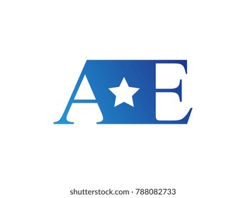 Initial letter logo AE uppercase blue template with star