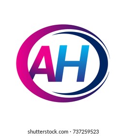initial letter logo AH company name blue and magenta color on circle and swoosh design. vector logotype for business and company identity.