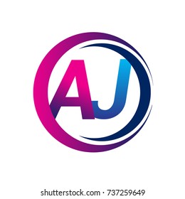 initial letter logo AJ company name blue and magenta color on circle and swoosh design. vector logotype for business and company identity