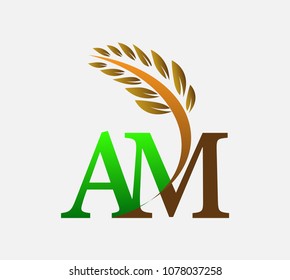 initial letter logo AM, Agriculture wheat Logo Template vector icon design colored green and brown.