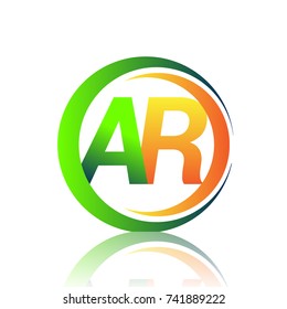 initial letter logo AR company name green and orange color on circle and swoosh design. vector logotype for business and company identity.