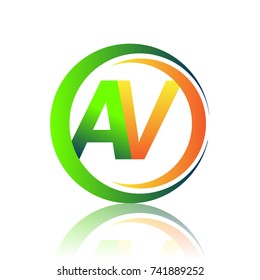 initial letter logo AV company name green and orange color on circle and swoosh design. vector logotype for business and company identity.