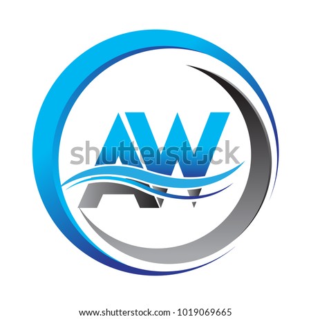 initial letter logo AW company name blue and grey color on circle and swoosh design. vector logotype for business and company identity.

