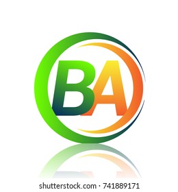 initial letter logo BA company name green and orange color on circle and swoosh design. vector logotype for business and company identity.