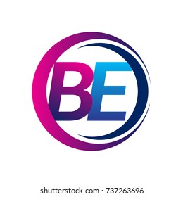 initial letter logo BE company name blue and magenta color on circle and swoosh design. vector logotype for business and company identity.