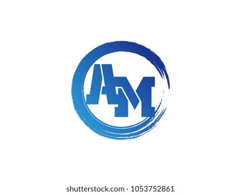 Initial letter AM logo with blue zen brush