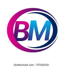 initial letter logo BM company name blue and magenta color on circle and swoosh design. vector logotype for business and company identity.
