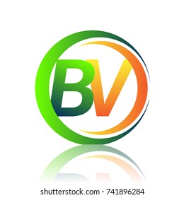 initial letter logo BV company name green and orange color on circle and swoosh design. vector logotype for business and company identity.