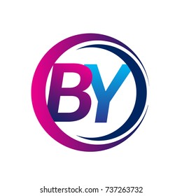 initial letter logo BY company name blue and magenta color on circle and swoosh design. vector logotype for business and company identity.