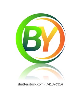 initial letter logo BY company name green and orange color on circle and swoosh design. vector logotype for business and company identity.