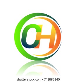 initial letter logo CH company name green and orange color on circle and swoosh design. vector logotype for business and company identity.