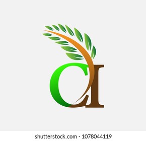 initial letter logo CI, Agriculture wheat Logo Template vector icon design colored green and brown.