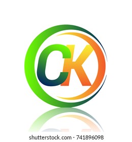 initial letter logo CK company name green and orange color on circle and swoosh design. vector logotype for business and company identity.