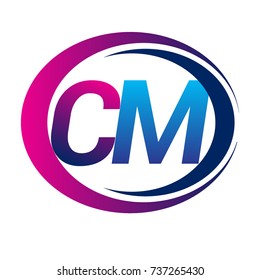 initial letter logo CM company name blue and magenta color on circle and swoosh design. vector logotype for business and company identity.