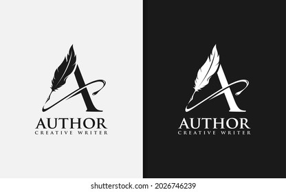 Initial Letter A Logo Combined with Feather Pen Silhouette. Elegant Monogram Vector Logo Design.