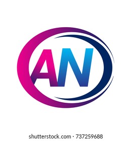initial letter logo AN company name blue and magenta color on circle and swoosh design. vector logotype for business and company identity.