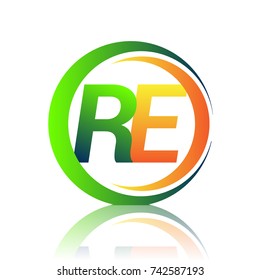 initial letter logo RE company name green and orange color on circle and swoosh design. vector logotype for business and company identity.